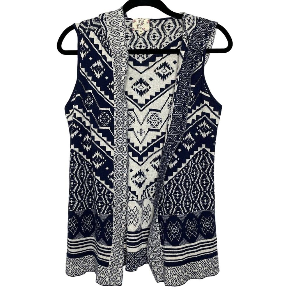 Hippie Rose Cardigan Vest‎ Aztec Pattern Sleeveless Hood Navy White XS Southwest